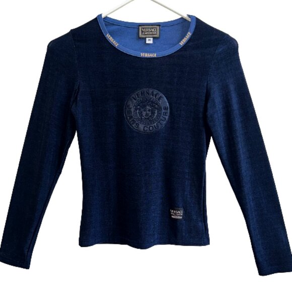 Versace Jeans Couture Vintage Navy Stretch Logo Top M Y2K Designer Rare - Picture 2 of 8